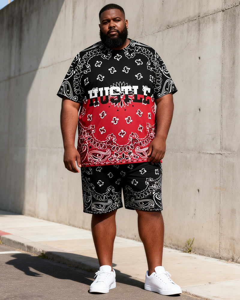 Big & Tall Men's Black And Red Gradient Paisley HUSTLE Printed Round Neck Short Sleeve T-Shirt Shorts Set