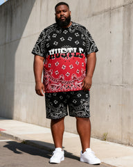 Big & Tall Men's Black And Red Gradient Paisley HUSTLE Printed Round Neck Short Sleeve T-Shirt Shorts Set
