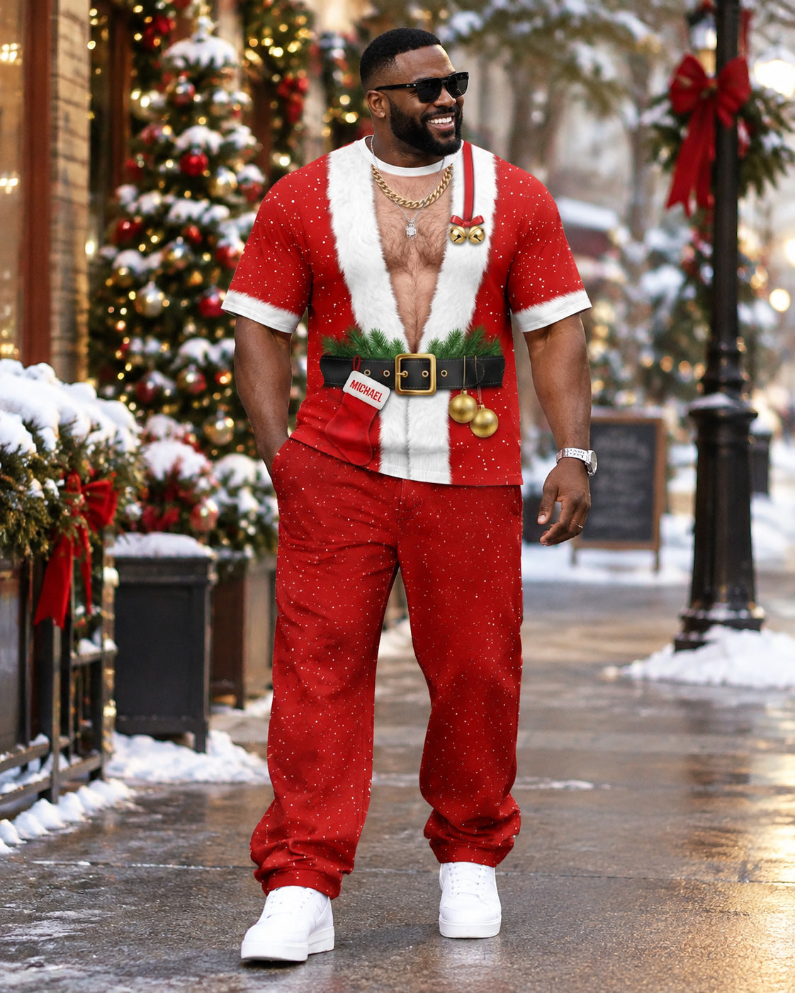 Big & Tall Men's 3D Printed Santa Claus Costume Print T-Shirt And Pants Set