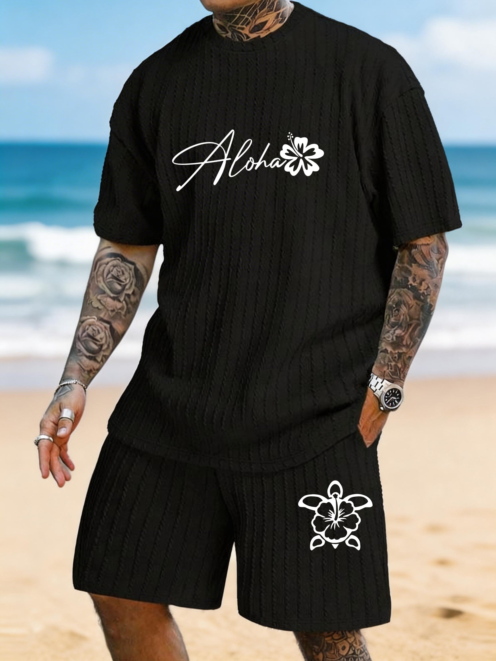 "Aloha" Hibiscus Turtle Print Texture Pattern Large Size Beach Suit