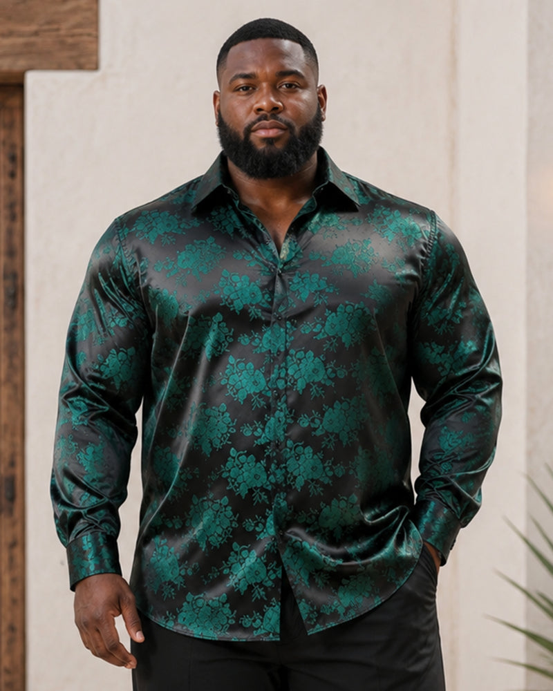 Big & Tall Men's Dark Green Vintage Floral Print Long Sleeve Shirt