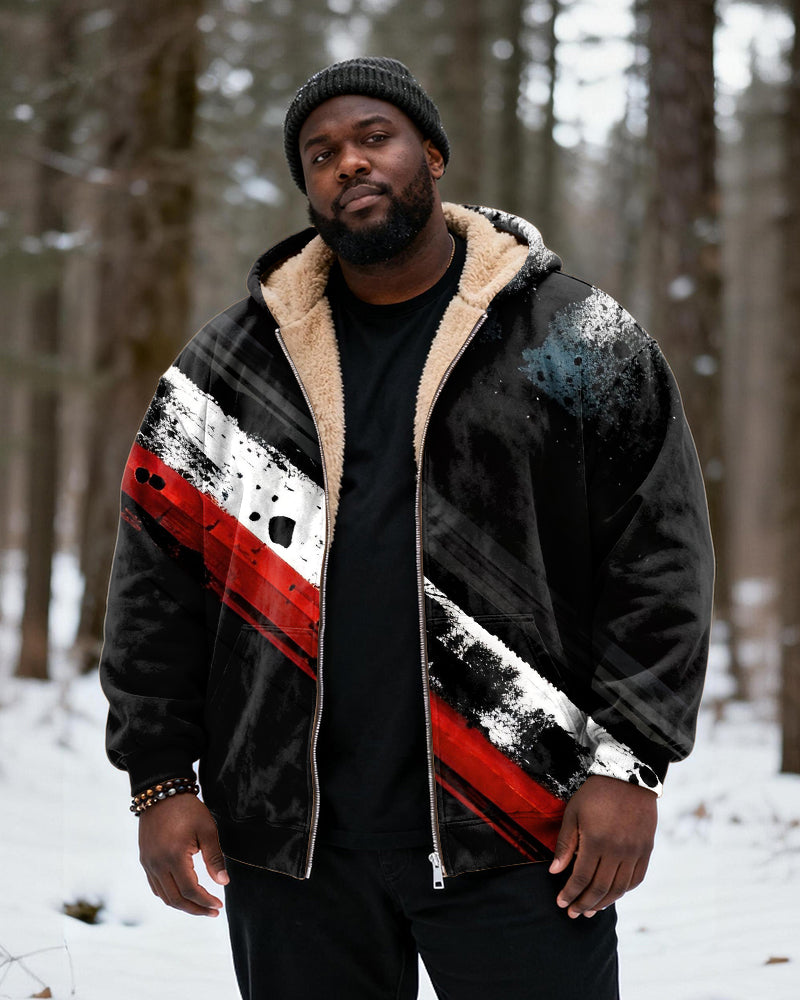 Big & Tall Men's Black Red And Black Graffiti Print Velvet Thickened Zipper Hoodie