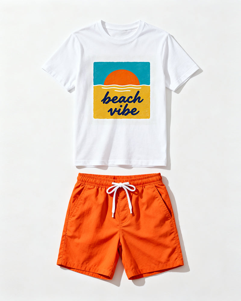 Big & Tall Men's Beach Sunset Print Crew-Neck Short-Sleeve T-Shirt And Shorts Set