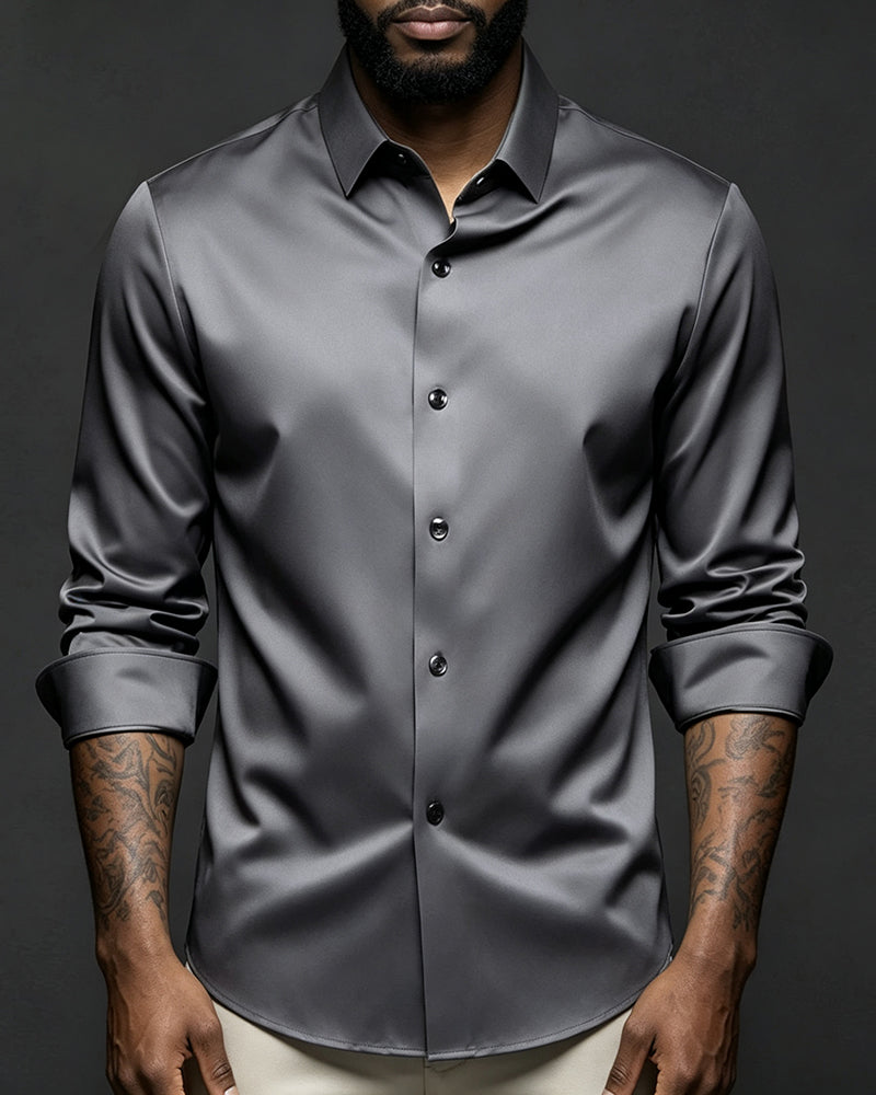 S-6XL Business Casual Solid Color Satin Shirt Non-iron