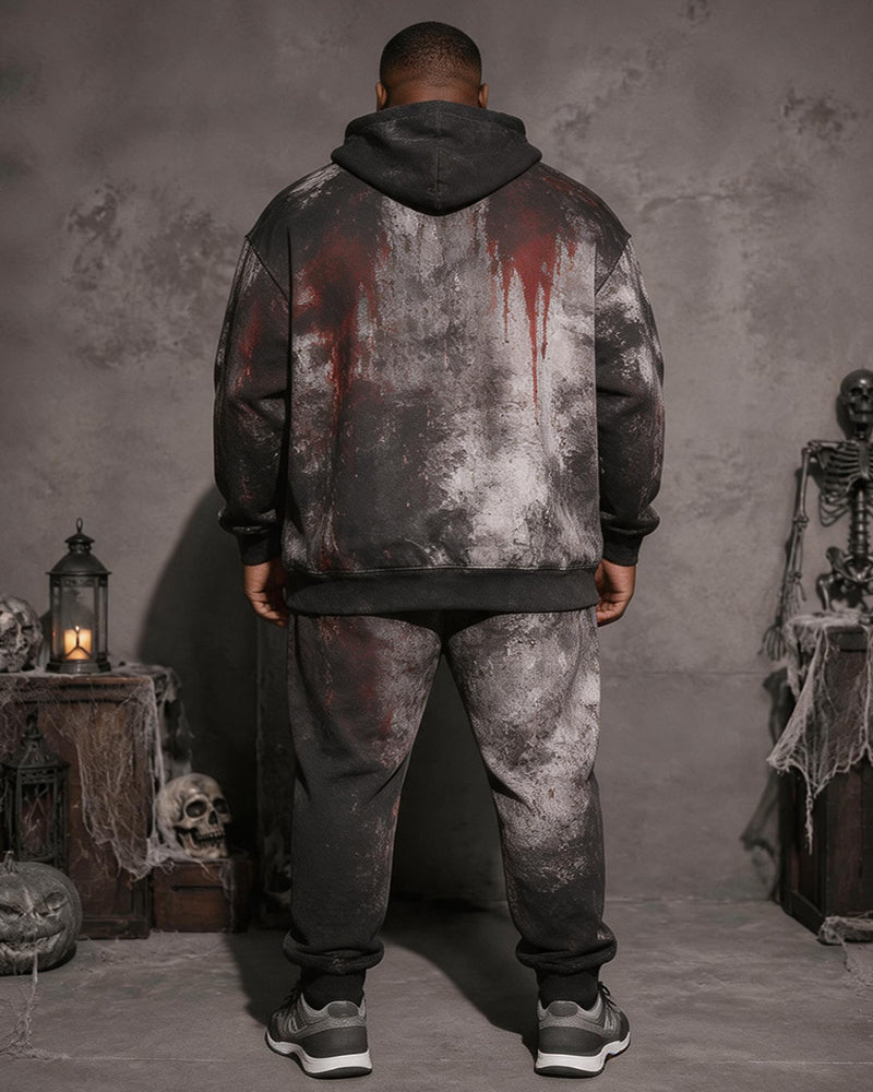 Big & Tall Men's Distressed Bloodstain “I'M FINE” Letter Print Hoodie Set