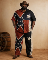 Big & Tall Men's Retro Distressed Flag Print Short Sleeve Shirt Trousers Set