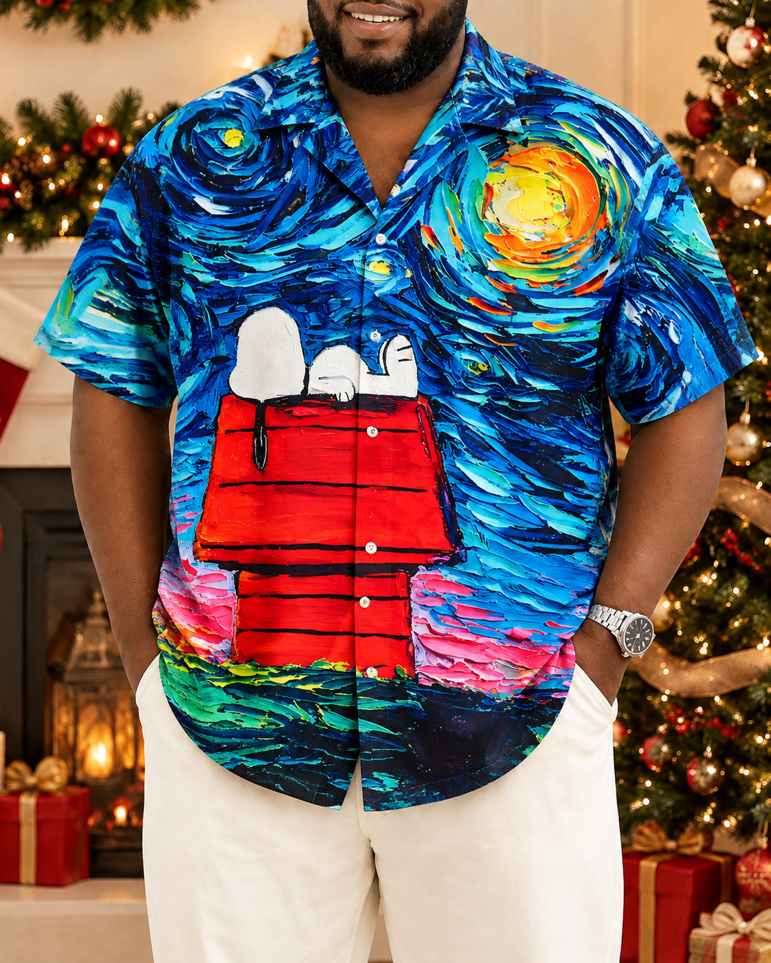 Big & Tall Men's Cartoon-style Christmas Oil Painting Short Sleeve Shirt