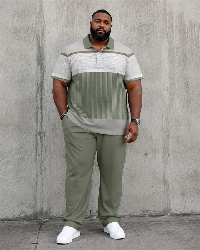 Big & Tall Men's Light Green Patchwork Texture Printed Polo Short Sleeve Pants Set