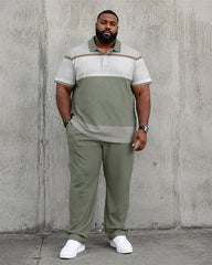 Big & Tall Men's Light Green Patchwork Texture Printed Polo Short Sleeve Pants Set