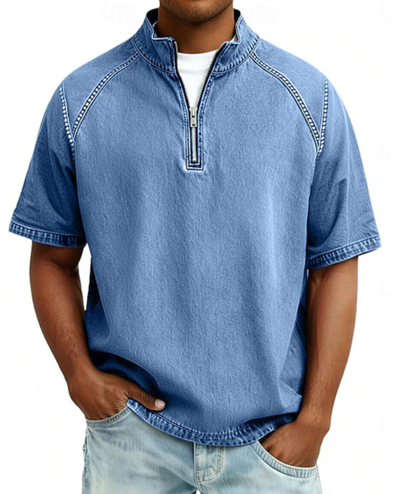S-4XL Solid Color American Style Wash Pure Cotton Half Zip Short Sleeve Polo Shirt