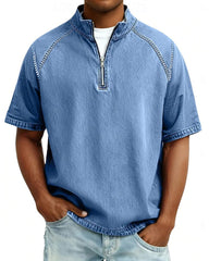 S-4XL Solid Color American Style Wash Pure Cotton Half Zip Short Sleeve Polo Shirt
