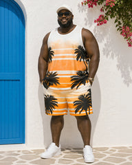 Big & Tall Men's Orange And White Gradient Striped Coconut Tree Print Vest Shorts Set