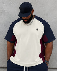 Big & Tall Men's Navy Blue Stitching Contrast Printed Crew Neck Short Sleeve T-shirt Shorts Set