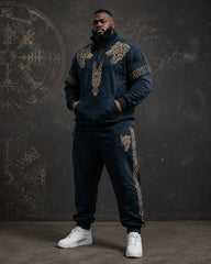 Big & Tall Men's Wolf Head Viking Rune Print Half Zip Sweat Set