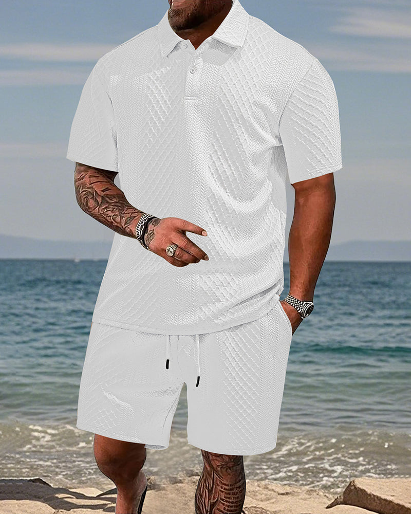 S-5XL Jacquard Men's Casual Sports Lapel Polo Shirt Short Sleeve Suit