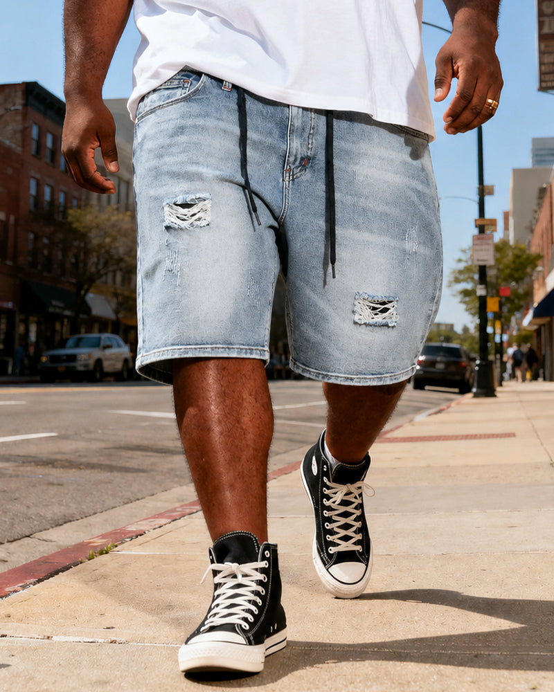 M-6XL Plus Size Men's White Small Ripped Drawstring Waist Loose Straight Denim Shorts
