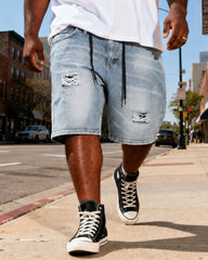 M-6XL Plus Size Men's White Small Ripped Drawstring Waist Loose Straight Denim Shorts