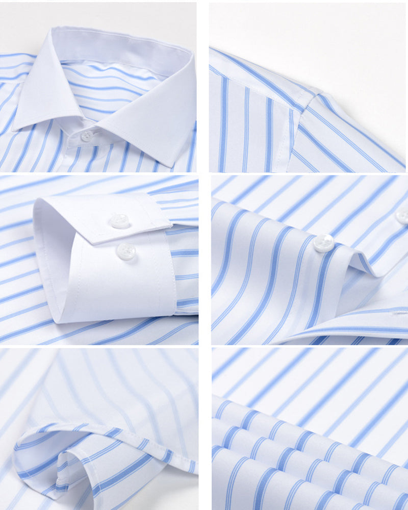 S-3XL Men's Business Stripe Windsor Collar Stretch Long Sleeve Shirt-Free Ironing