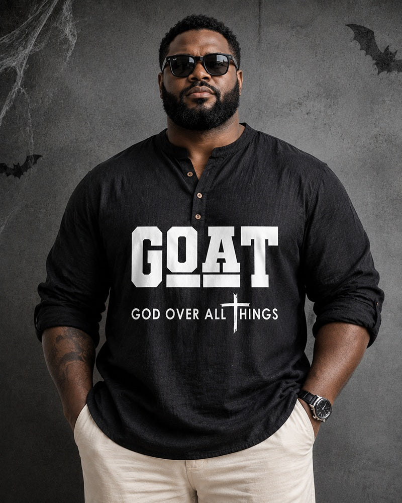 Big & Tall Men's GOAT Faith Slogan Cross Print Stand-collar Long Sleeve Shirt