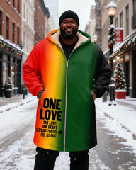 Big & Tall Men's Reggae Gradient ONE LOVE Printed Velvet Thickened Long Hooded Coat