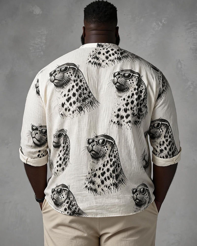 Big & Tall Men's Sunglasses Seal Fun Cartoon Printed Collar Long Sleeve Shirt