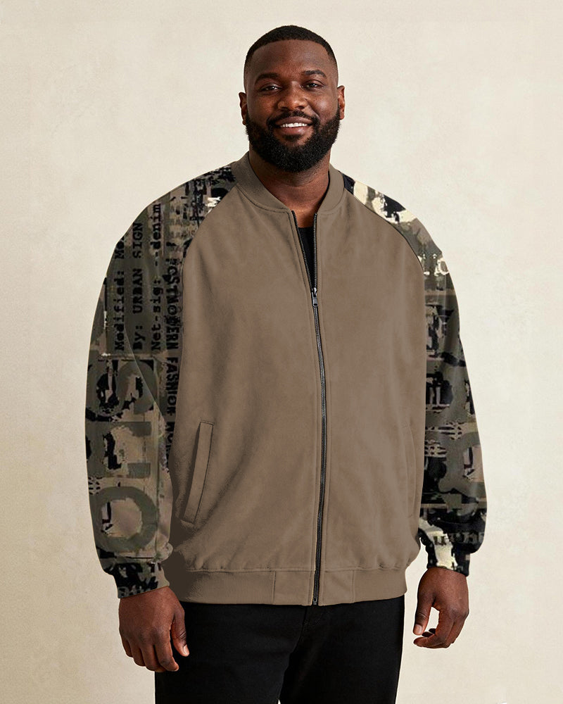 Big & Tall Men's Brown Alphabet Graffiti Print Zip Long Sleeve Jacket