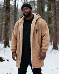 Big & Tall Men's Hunting Style Bull Totem Print Velvet Thickened Long Hooded Coat