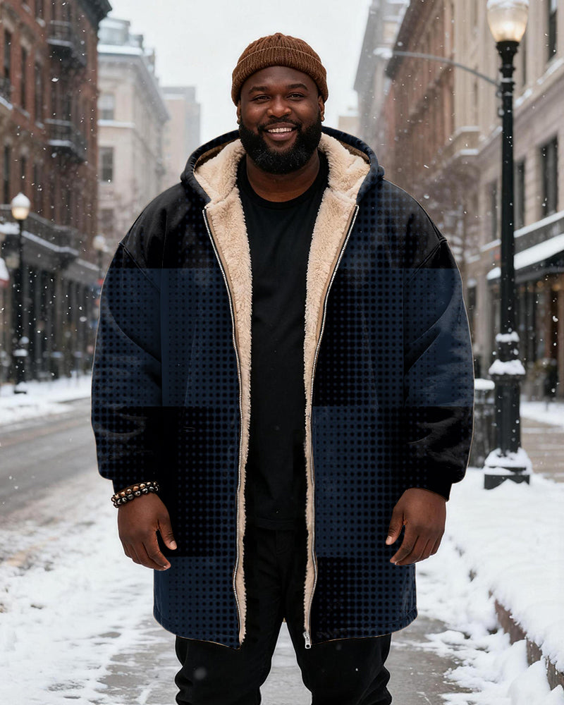 Big & Tall Men's Retro Wave Dot Stitching Printed Velvet Padded Long Hooded Coat