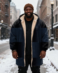 Big & Tall Men's Retro Wave Dot Stitching Printed Velvet Padded Long Hooded Coat