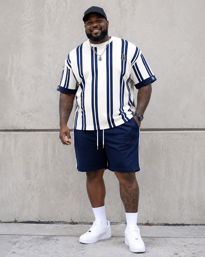 Big & Tall Men's Navy Blue Vertical Stripe Printed Round Neck Short Sleeve T-shirt Shorts Set