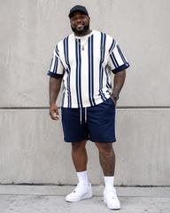Big & Tall Men's Navy Blue Vertical Stripe Printed Round Neck Short Sleeve T-shirt Shorts Set