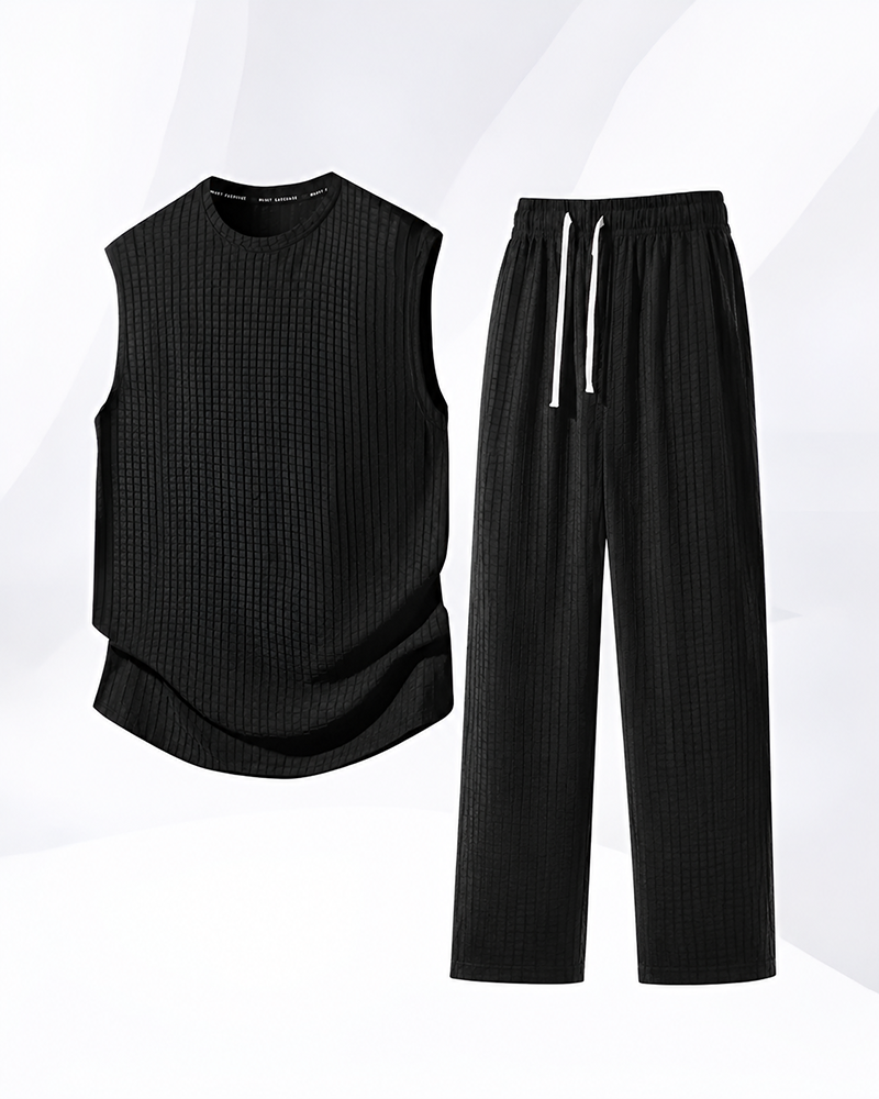 M-8XL Men's Texture Fabric Vest Straight Casual Pants Sports Two-piece Set