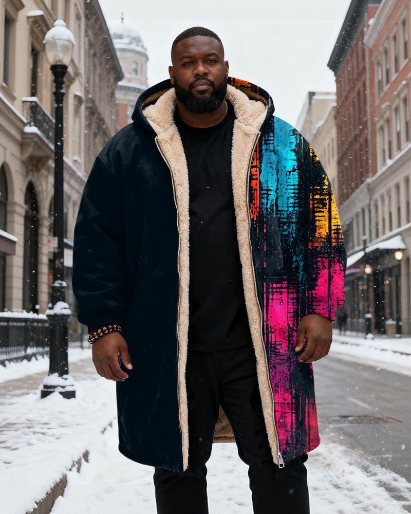 Big & Tall Men's Cyberpunk Style Color Graffiti Printed Velvet Thickened Long Hooded Coat