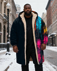 Big & Tall Men's Cyberpunk Style Color Graffiti Printed Velvet Thickened Long Hooded Coat