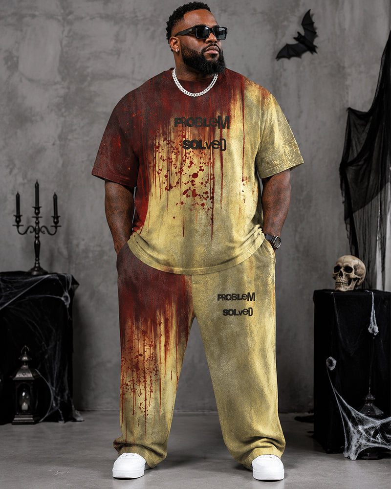 Big & Tall Men's Vintage Bloodstain Gradient Problem Solved Printed T-Shirt Pants Set