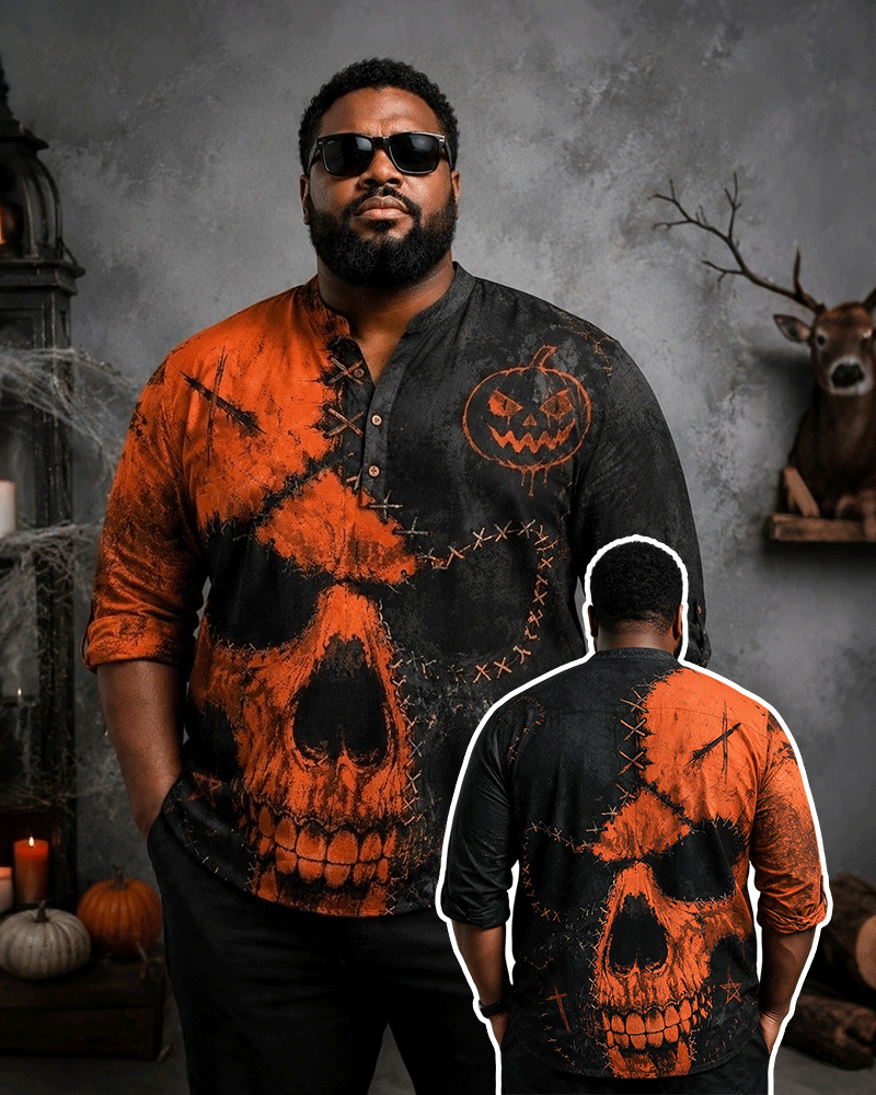 Big & Tall Men's Orange Black Tear Skull Pumpkin Printed Collar Long Sleeve Shirt