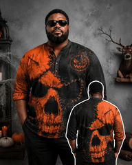 Big & Tall Men's Orange Black Tear Skull Pumpkin Printed Collar Long Sleeve Shirt