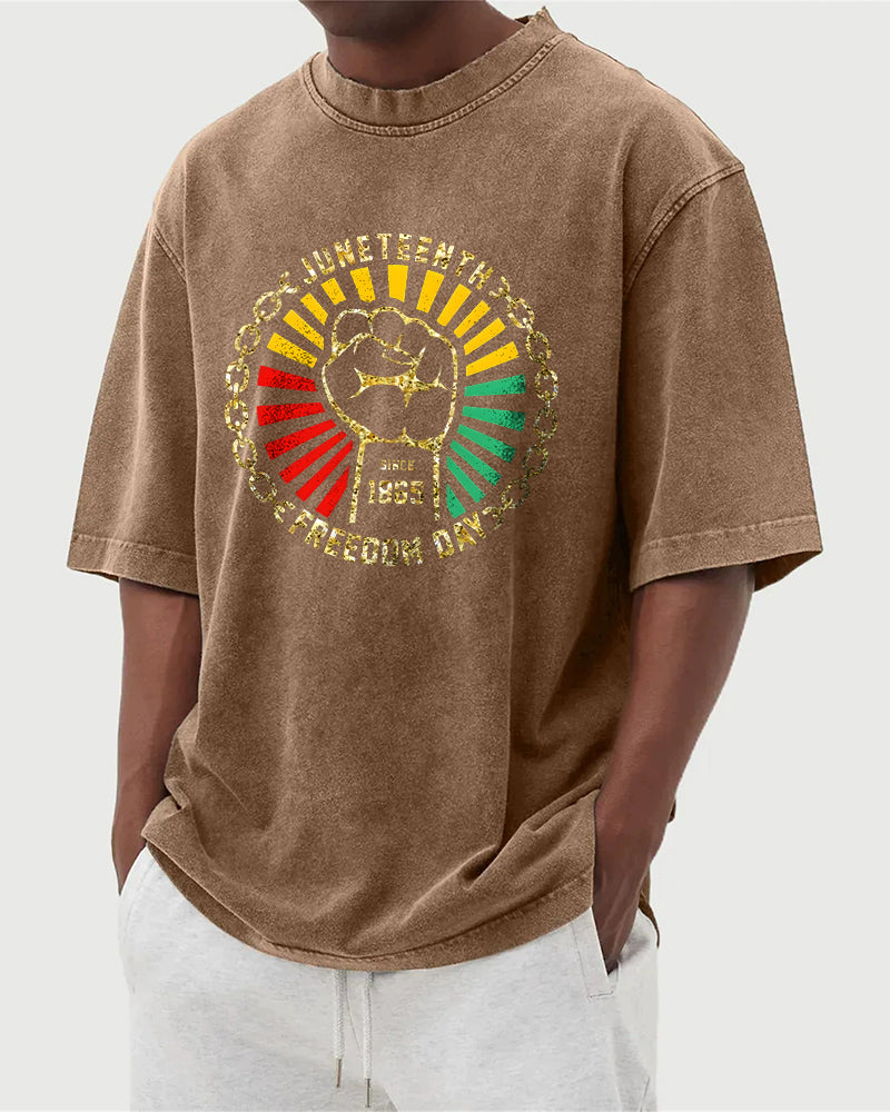 S-5XL Juneteenth Freedom Day 1865 Fist And Chains Printed Washed-Denim Look T-Shirt