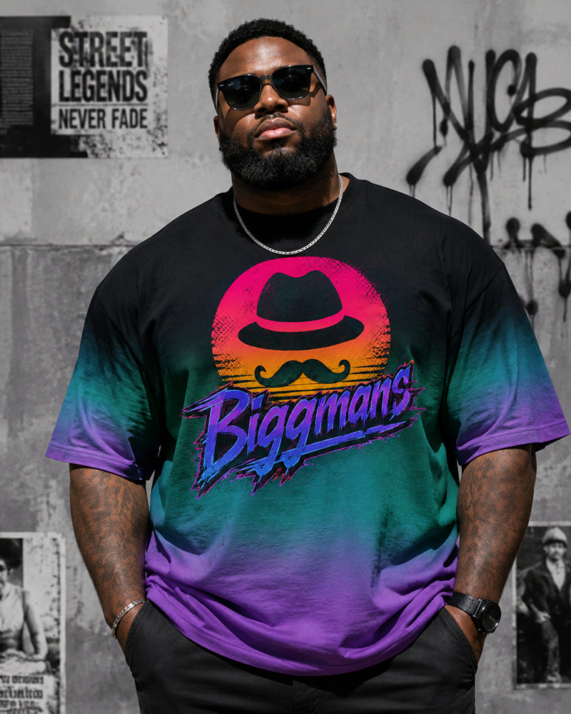 Big & Tall Men's Gradient Sunset Graffiti Top Hat Printed Round Neck Short Sleeve T-Shirt