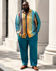 Big & Tall Men's Vintage Rainbow Vertical Strip Geometric Print Long Sleeve Shirt Pants Set