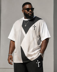 Big & Tall Men's Geometric Color Matching Simple Cross Printed T-shirt Trousers Set