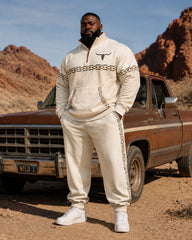 Big & Tall Men's Retro Rice White Cow's Head Printed Half Zipper Sweater Set