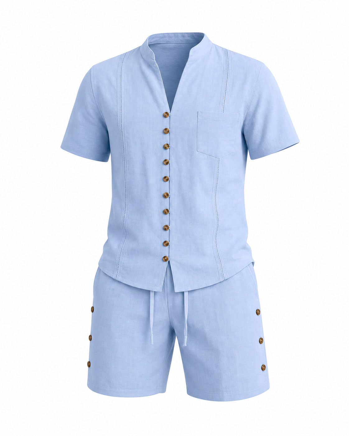Men's Linen Solid Color Breathable Eco-Friendly Comfortable Retro Casual Button V-Neck Cardigan Short Sleeve Shirt Shorts Set