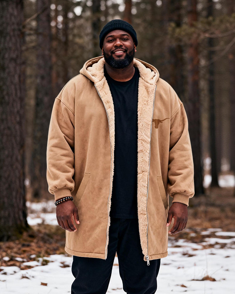 Big & Tall Men's Hunting Style Bull Totem Print Velvet Thickened Long Hooded Coat