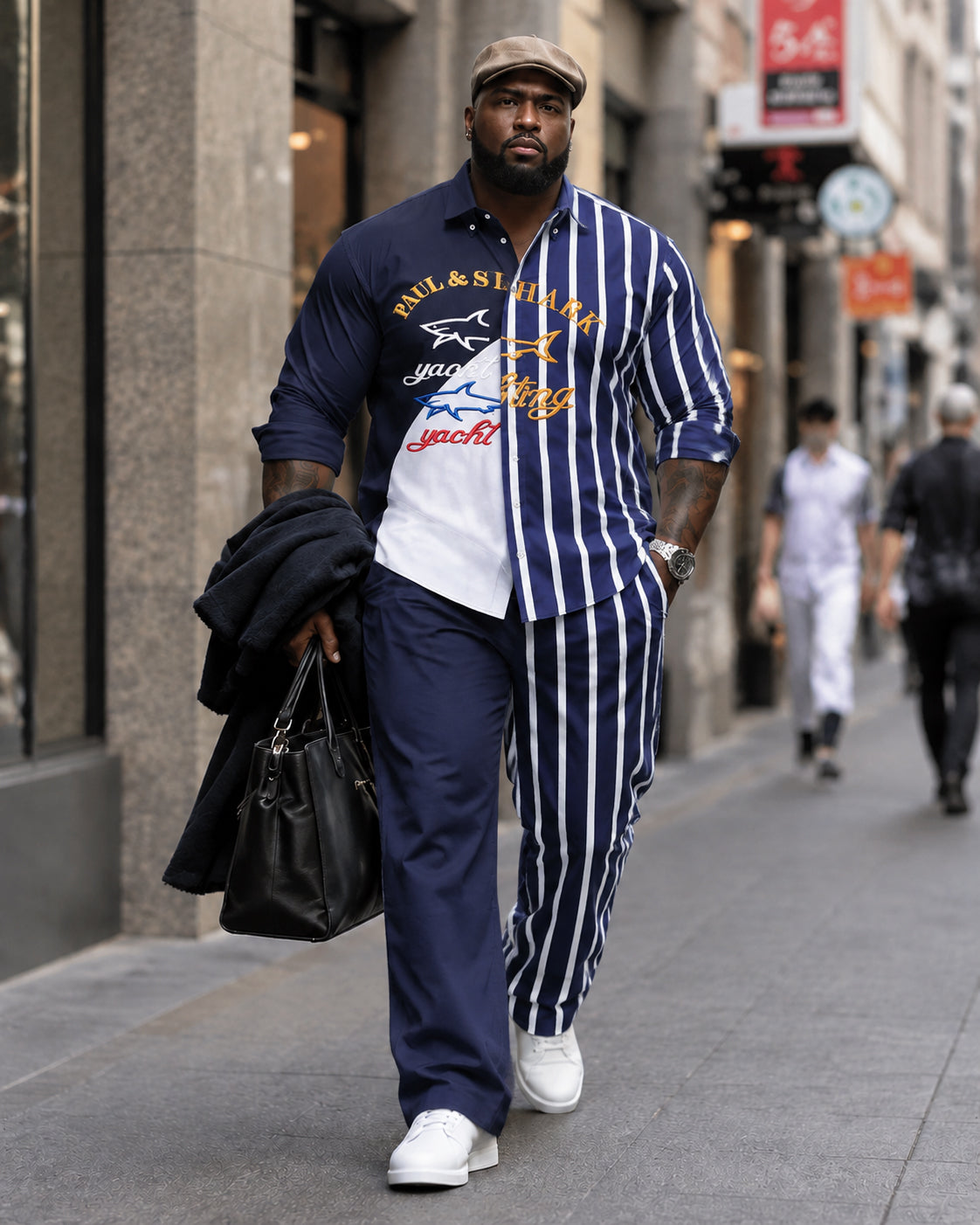 Big & Tall Men's Shark-stripe Paneling Prints Long Sleeve Shirt Pants Set