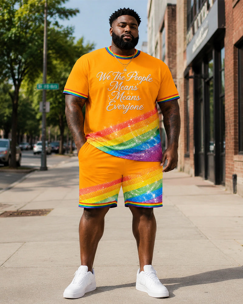 Big & Tall Men's Orange Rainbow We The People Slogan Print Round Neck Short Sleeve T-Shirt Shorts Set