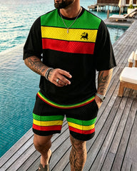 Big & Tall Men's Reggae Striped Lion Print Crewneck Short Sleeve T-Shirt Shorts Set