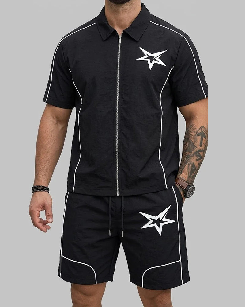 S-6XL Star Print Zip Shirt Set Beach Two-Piece Set