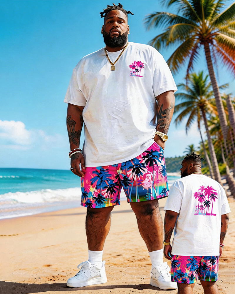 Big & Tall Men's White Powder Coconut Print Round Neck Short Sleeve T-Shirt Shorts Set