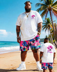 Big & Tall Men's White Powder Coconut Print Round Neck Short Sleeve T-Shirt Shorts Set